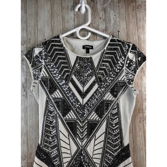 Express‎ Sheath Dress Womens S Black Silver Sequins Aztec Cap Sleeve Bodycon - Picture 4 of 12